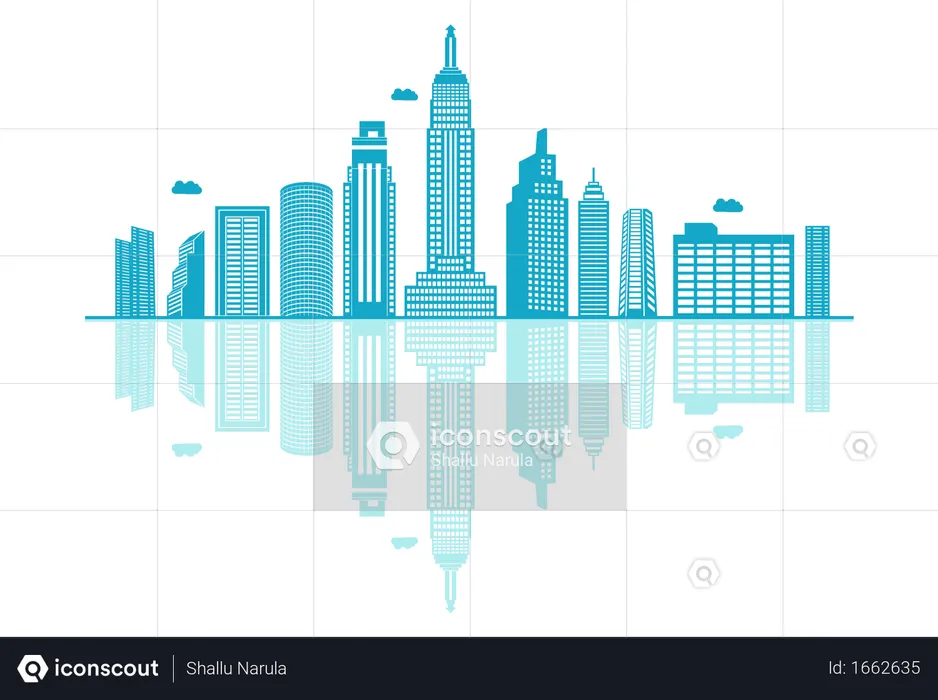 Skyline silhouette with reflections  Illustration