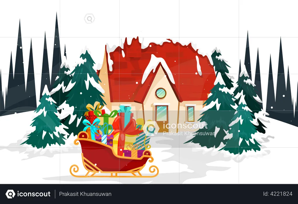 Sled with giftbox on snow  Illustration