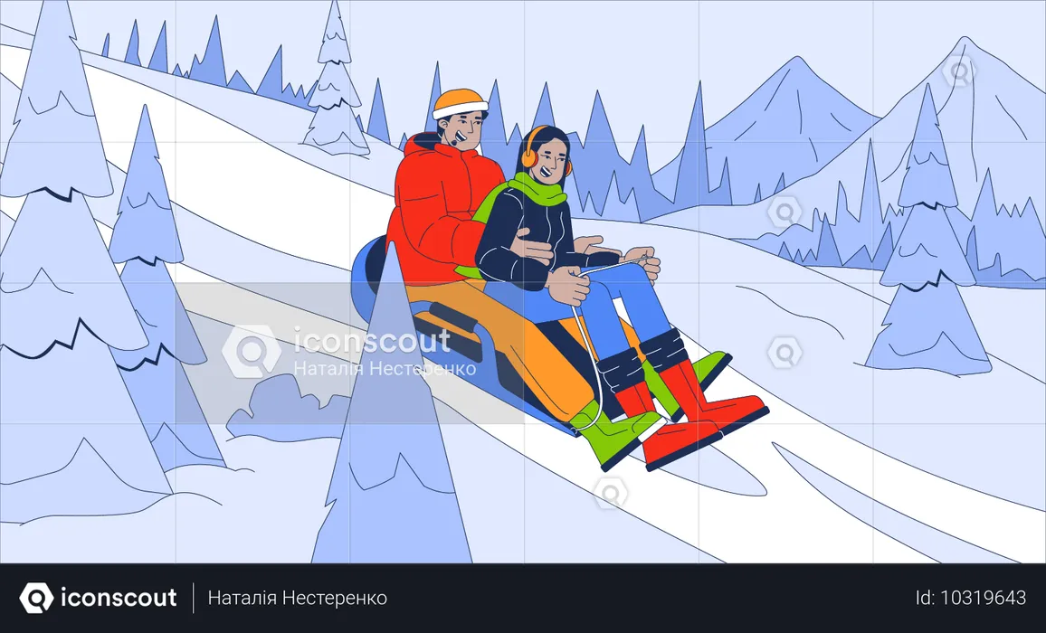 Sledding people on snowy mountain slope  Illustration