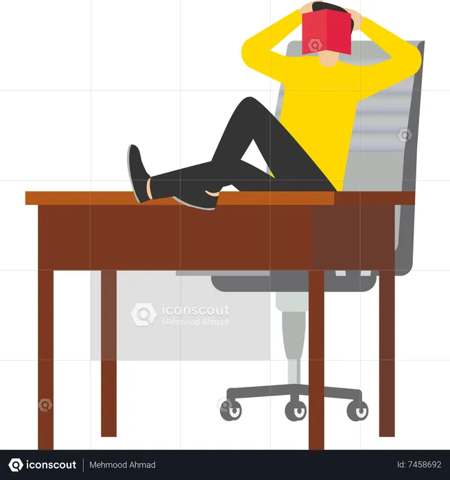 Sleeping businessman lying on office chair and covering face with book  Illustration