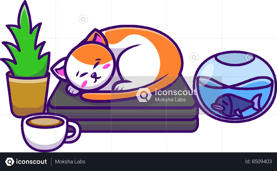 Sleeping Cat And Laptop  Illustration