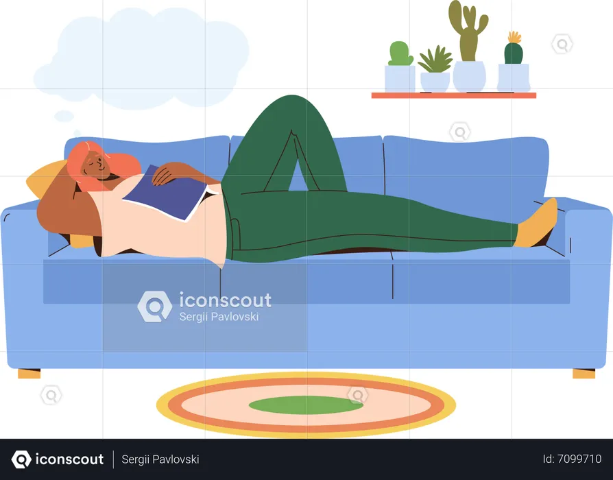Sleeping woman on sofa with fallen book enjoying weekend recreation  Illustration