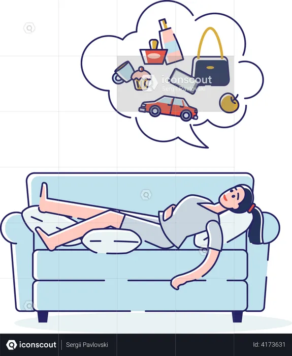 Sleepless girl lying on sofa dreaming about future  Illustration