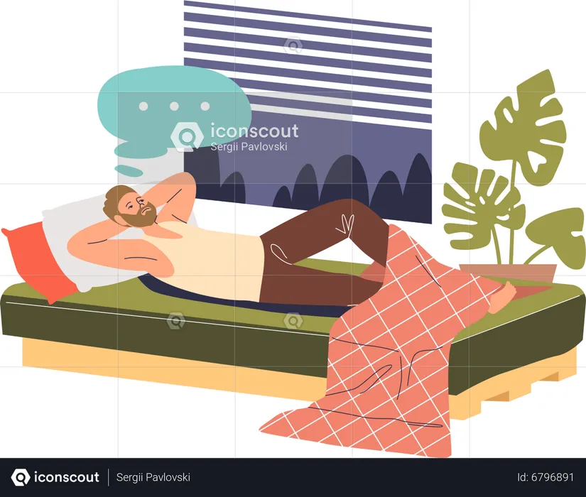 Sleepless man lying awake in bed try to fall asleep  Illustration