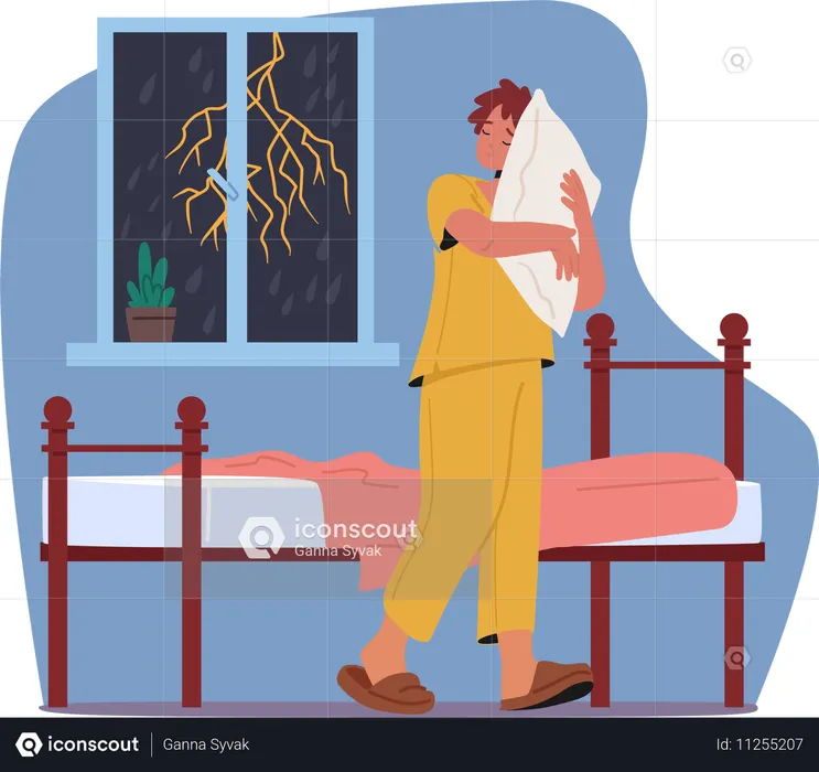 Sleepwalker Wanders In Bedroom Holding Pillow While Thunderstorm Rages Outside Window  Illustration