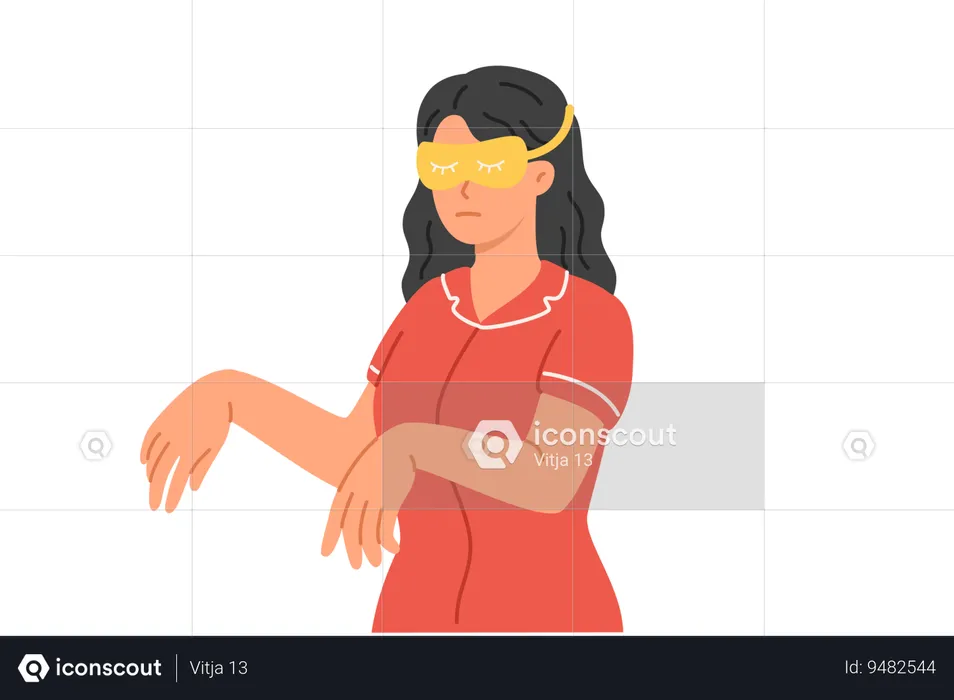 Sleepwalking woman with sleep mask stands in room with arms forward and moves around in sleep  Illustration