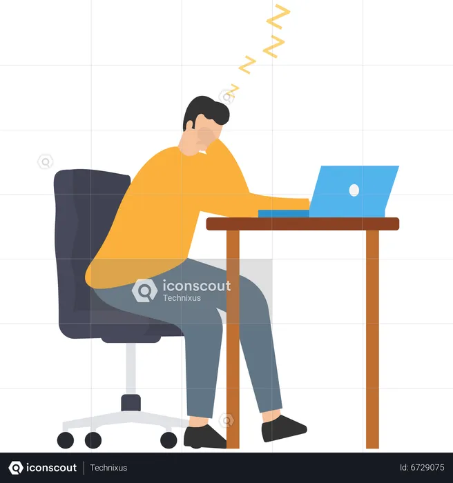 Sleepy businessman hand on chin bored sitting low energy on his working desk  Illustration