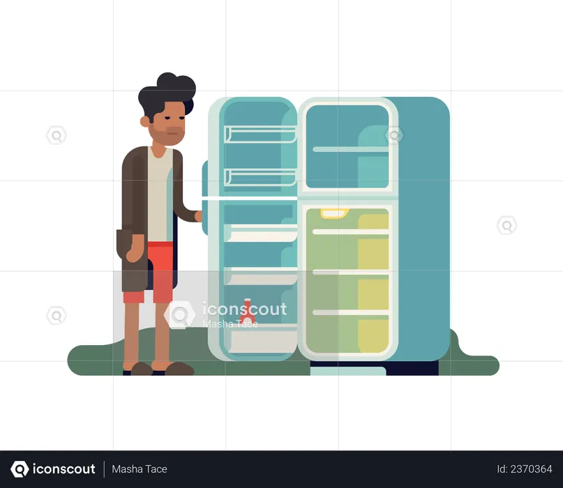 Sleepy grumpy single man in underwear, slippers and bathrobe ran out of food  Illustration