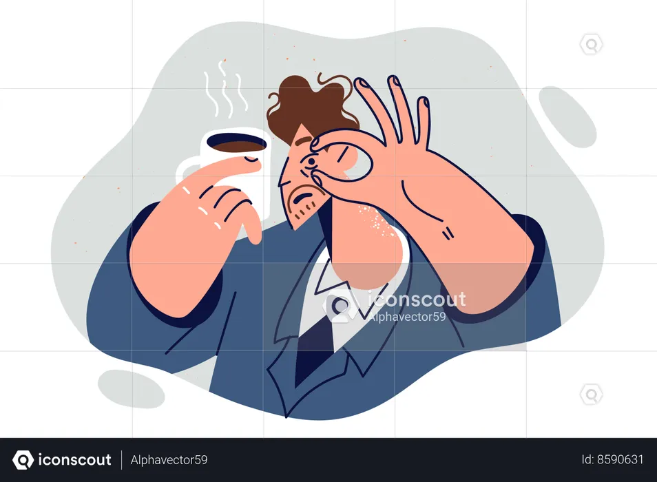 Sleepy man is holding cup of coffee  Illustration