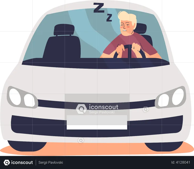 Sleepy tired man driving car  Illustration