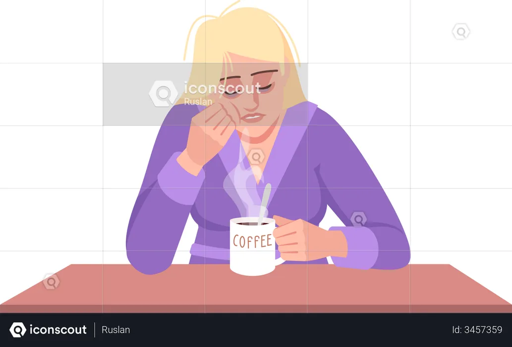 Sleepy Woman Having Coffee  Illustration