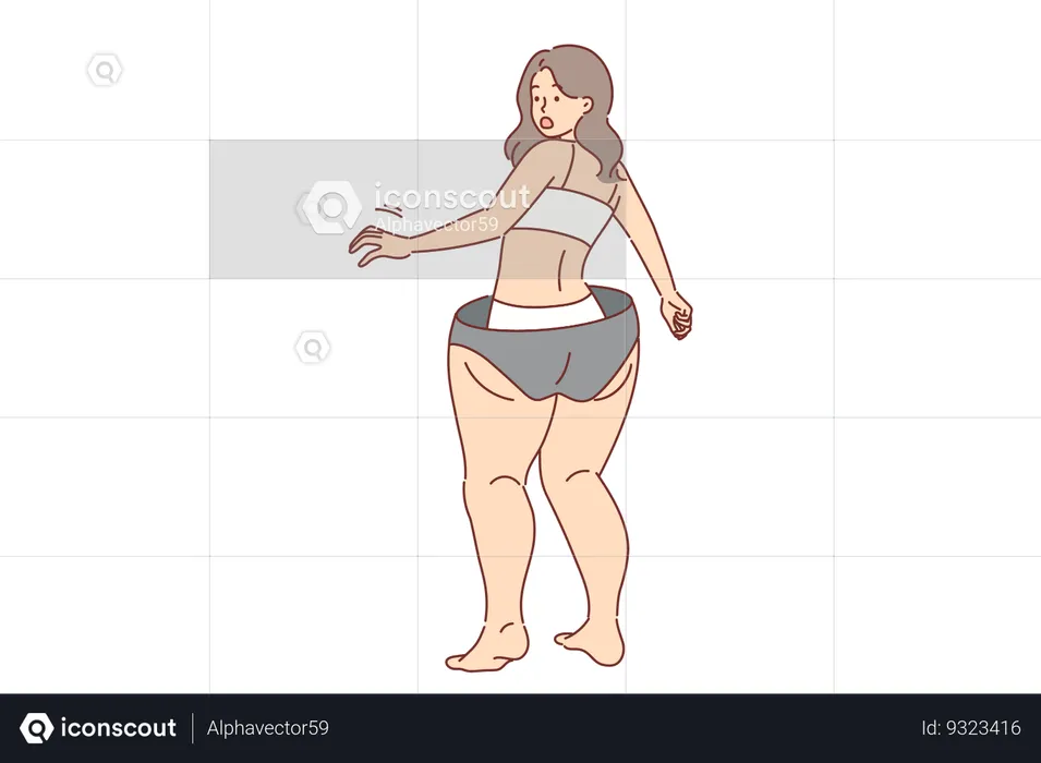 Slender girl gets scared imagining excess weight gain and cellulite on legs and hips  Illustration