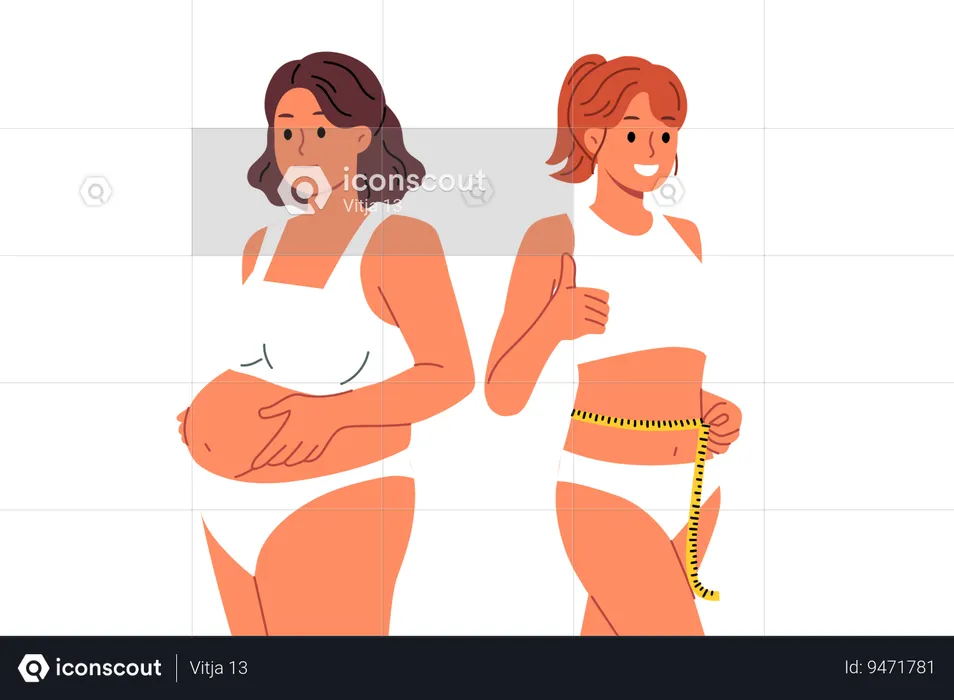 Slender woman fitness trainer stands near client suffering from obesity and shows thumbs up  Illustration