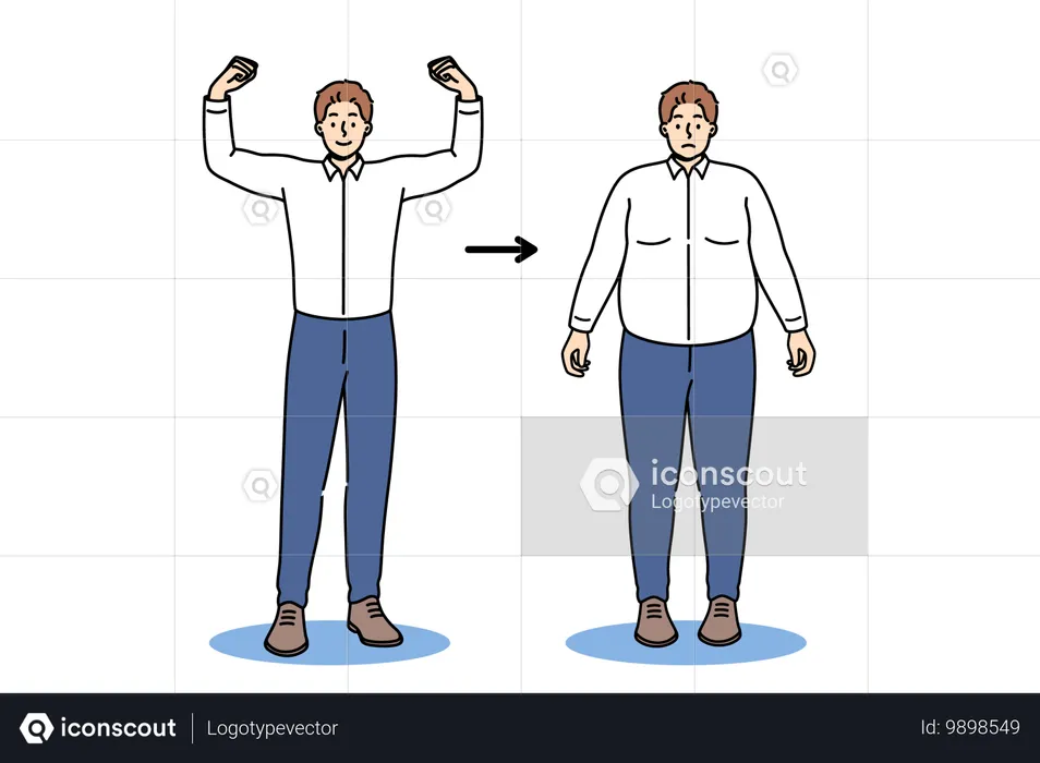 ライフスタイルの変化により肥満と余分な体重をなくしたことを誇りに思うスリムな男性  イラスト