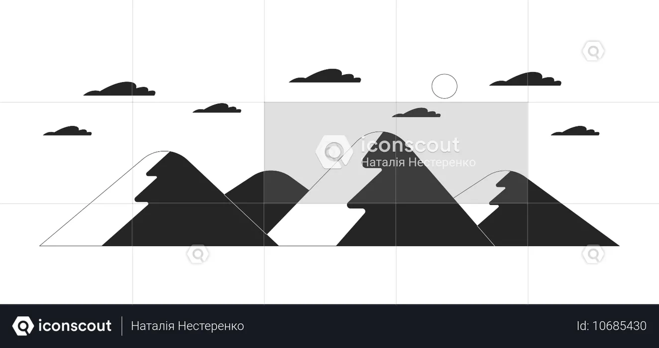 薄い雲が浮かぶ空の下の傾斜した丘  イラスト