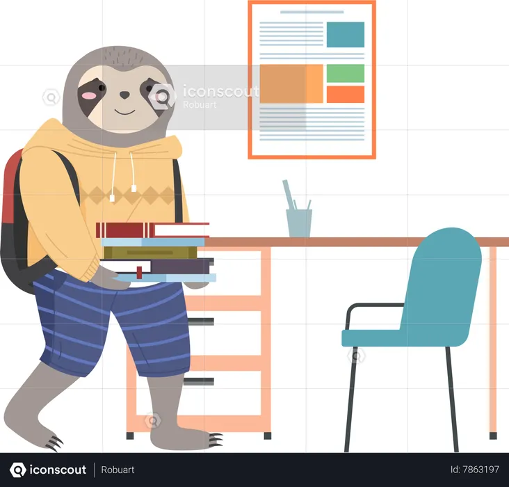 Sloth schoolboy in uniform standing with books and backpack  Illustration