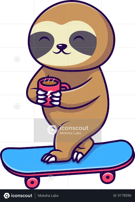 Sloth Skateboarding And Holding Coffee  Illustration