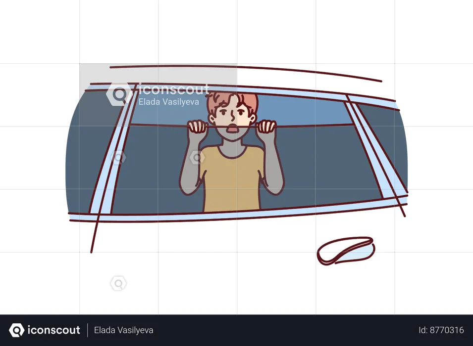 Small boy is locked in car and seeking help  Illustration