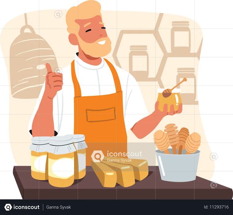 Small business owner selling honey in jar promoting organic homemade apiculture products  Illustration