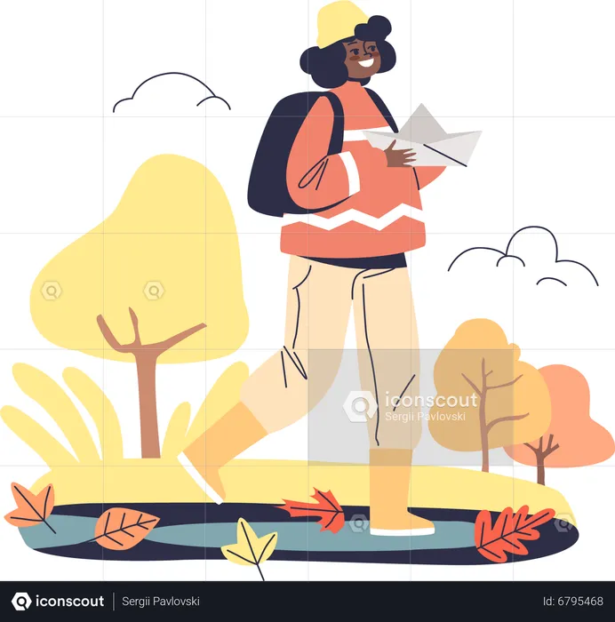 Small girl launch paper boat in puddle in autumn park  Illustration