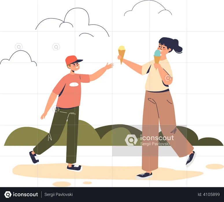 Small kids eat ice cream while walking outdoors  Illustration