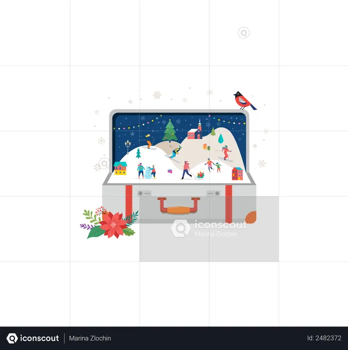 Small people, young men and women, families having fun in snow, skiing, snowboarding, sledding, ice skating  Illustration