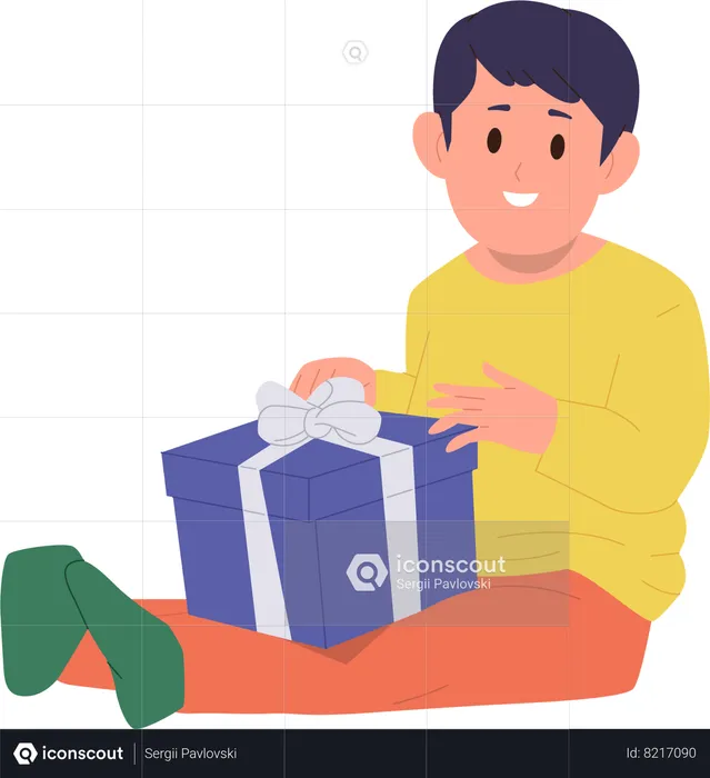 Smart boy opening gift box with surprise  Illustration