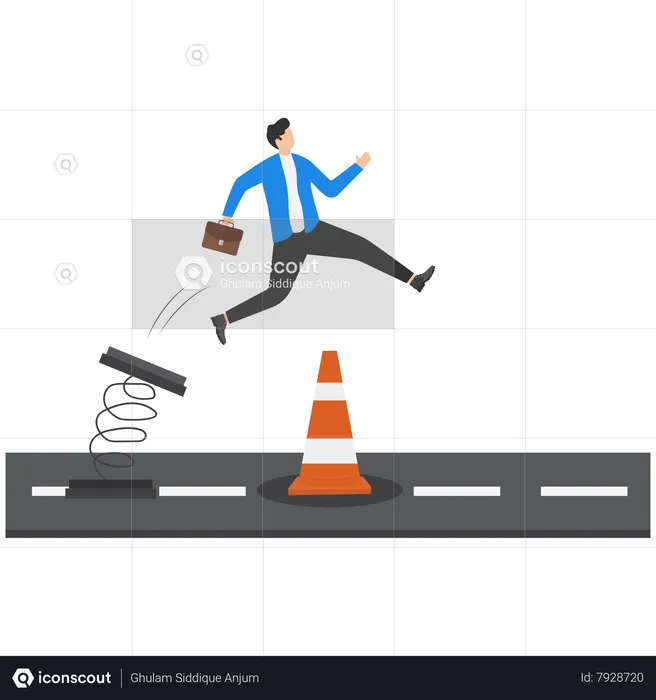 Smart bravery businessman run the way around and jump pass traffic pylon roadblock  Illustration