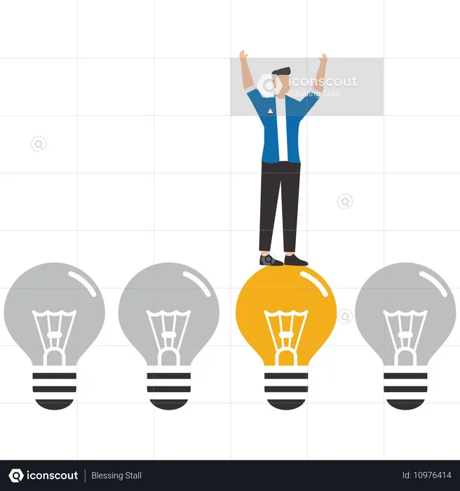 Smart businessman chooses a light bulb that is on from several that are off  Illustration