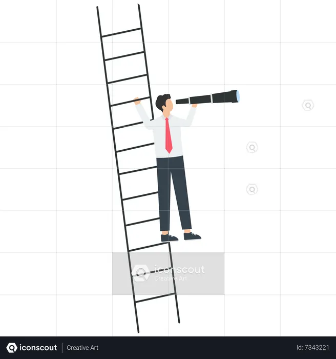 Smart Businessman Climbs The Ladder And Looks Into The Distance With A Telescope  Illustration