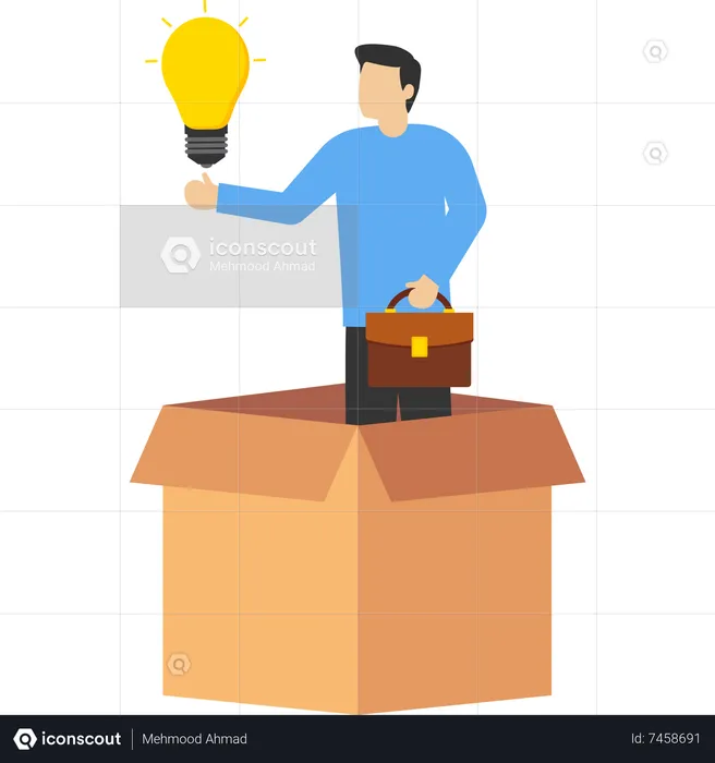 Smart businessman coming out of paper box with new glowing light bulb idea  Illustration