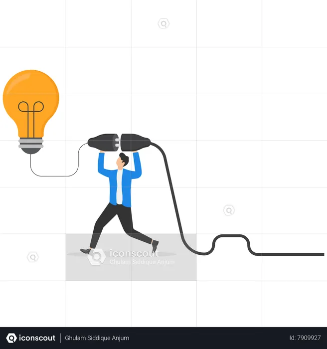 Smart businessman connect electric plug to turn on bright lightbulb idea  Illustration