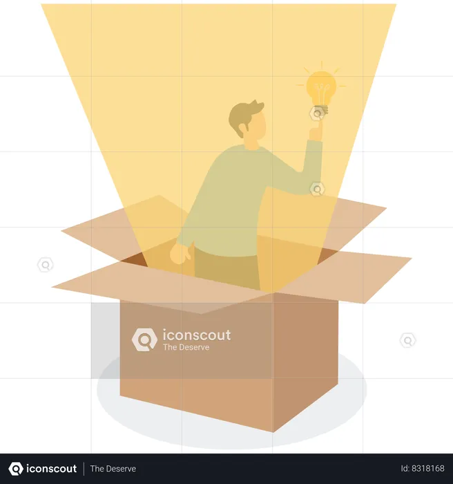 Smart businessman get out of paper box with new illumination light bulb idea  Illustration