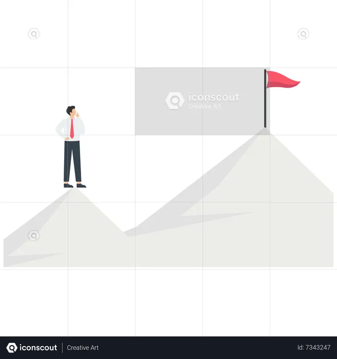 Smart Businessman Holding A Flag Standing On The Top Of The Mountain And Looking To Another Higher Mountain  Illustration