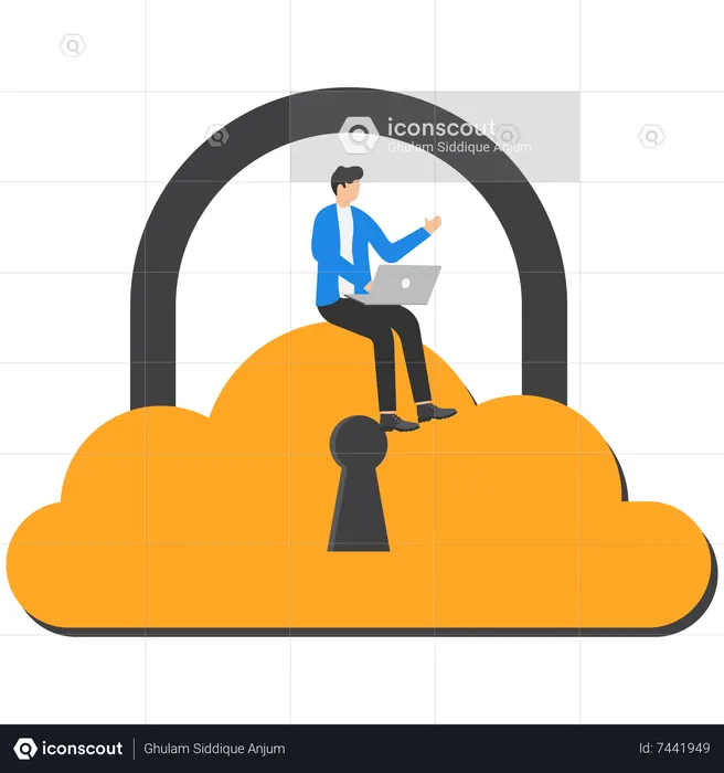 Smart businessman holding floating cloud padlock with security key  Illustration