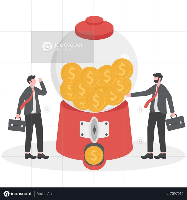Smart businessman investor insert money coin into gumball machine  Illustration