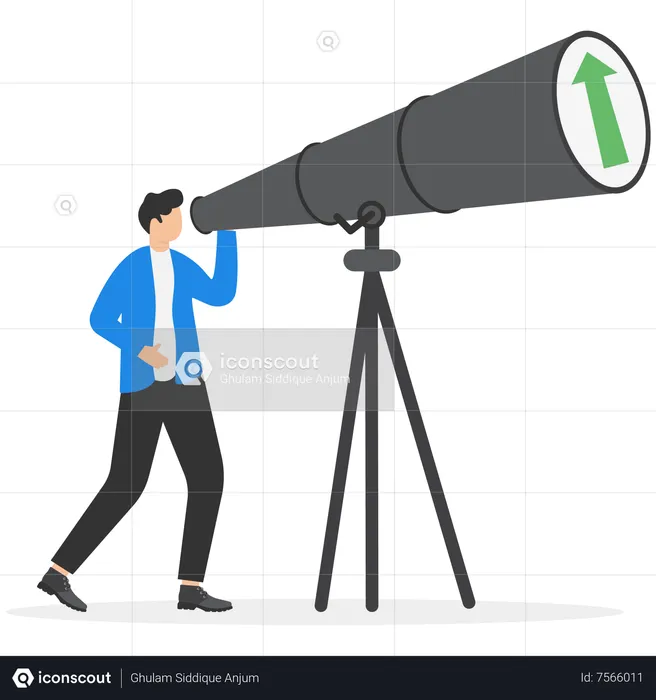 Smart businessman investor look into huge telescope to see rising up green graph  Illustration