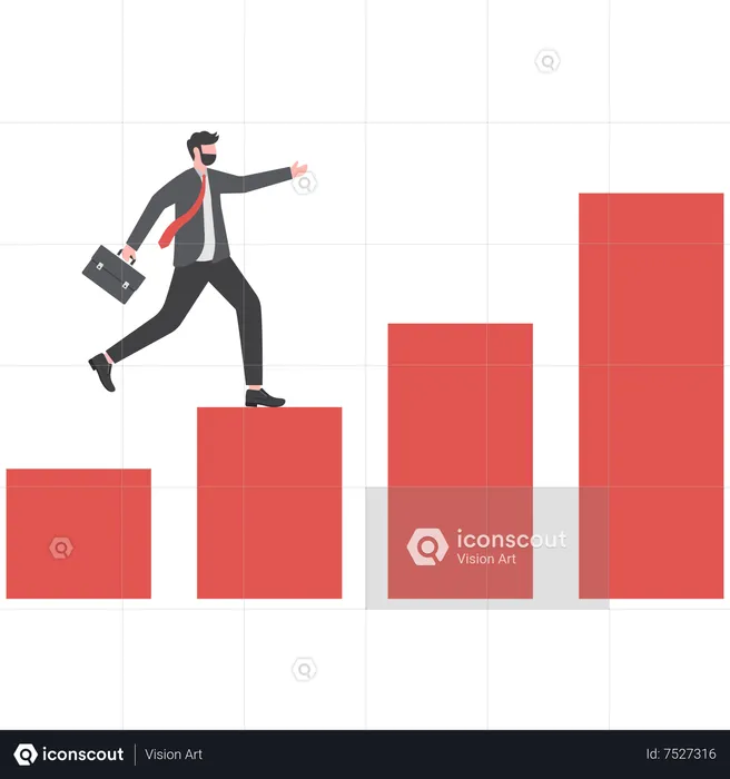 Smart businessman jumping up the bar graph that is moving up  Illustration