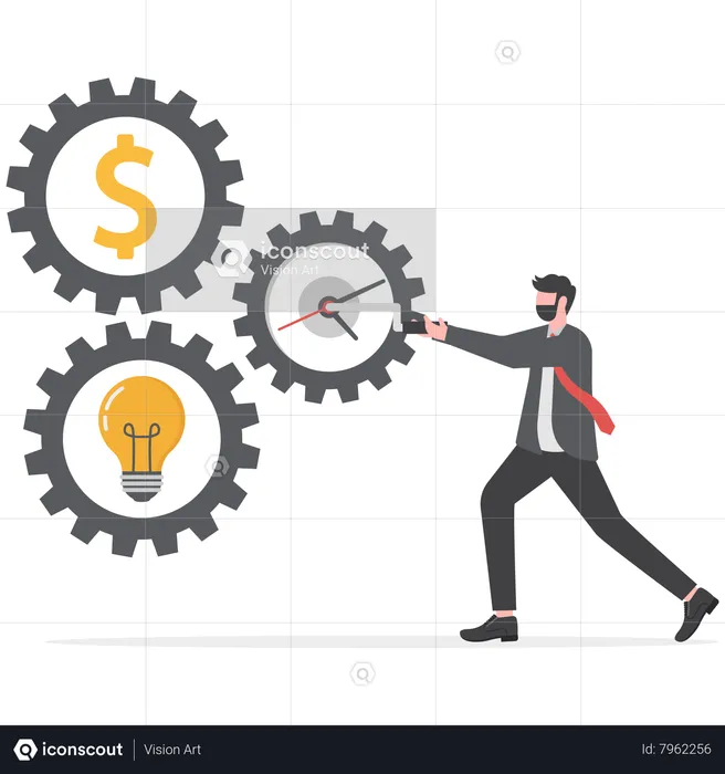 Smart businessman manager use all his power and skill to rotate group of cogwheels gear  Illustration