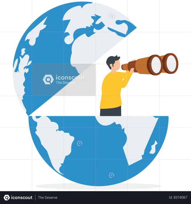 Smart businessman open globe using binoculars looking for future vision  Illustration