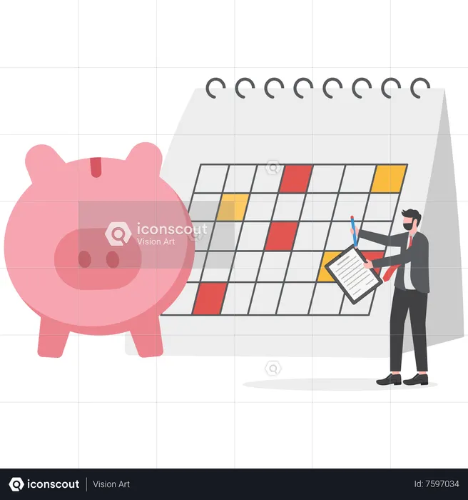 Smart businessman plan her monthly budget with calendar and piggybank  Illustration