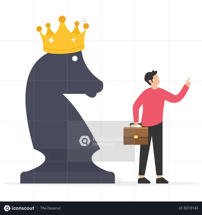 Smart businessman pointing finger to direct chess knight with king crown  Illustration