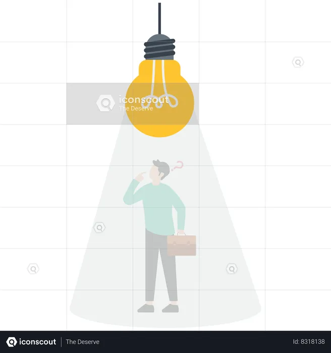 Smart businessman thinking under inspired bright light bulb  Illustration