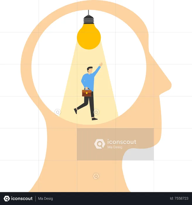 Smart businessman turning on light bulb idea in his genius head  Illustration