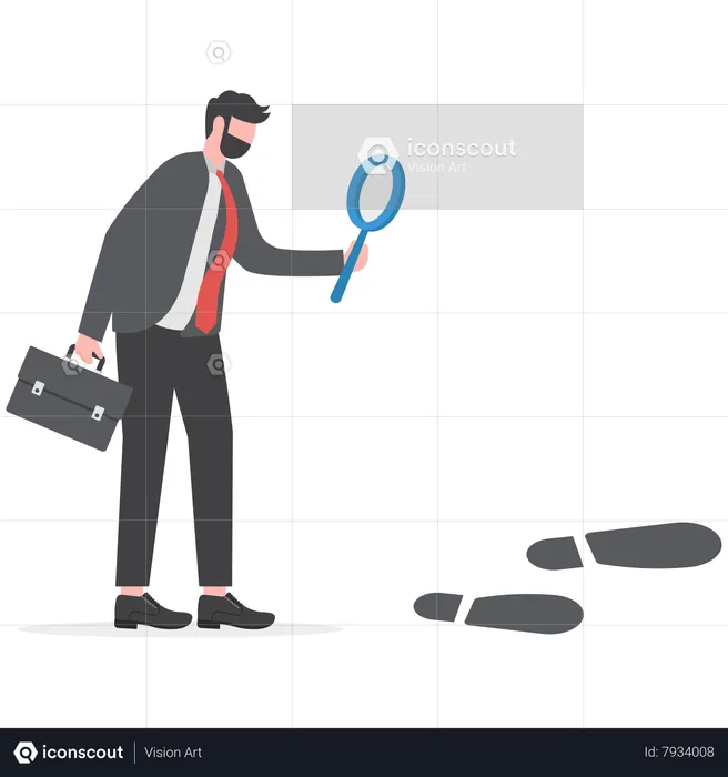 Smart businessman using magnifying glass investigating bigger foot steps  Illustration