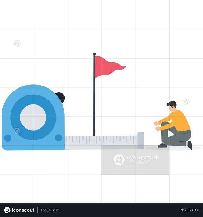 Smart businessman using measuring tape to measure and analyze distance from target flag  Illustration