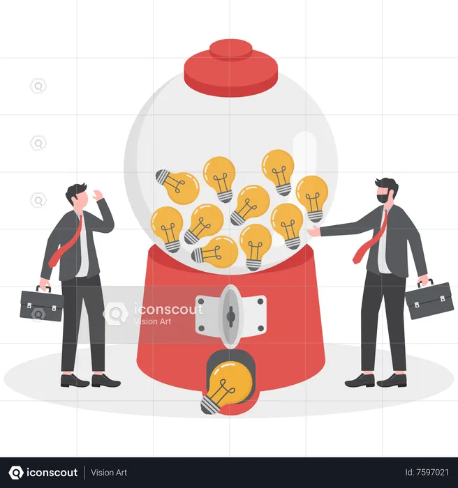 Smart businessman with a lot of ideas standing with gumball machine with abundance of lightbulb ideas  Illustration