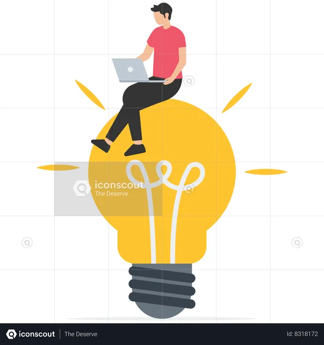 Smart businessman working with computer laptop on bright light bulb idea  Illustration