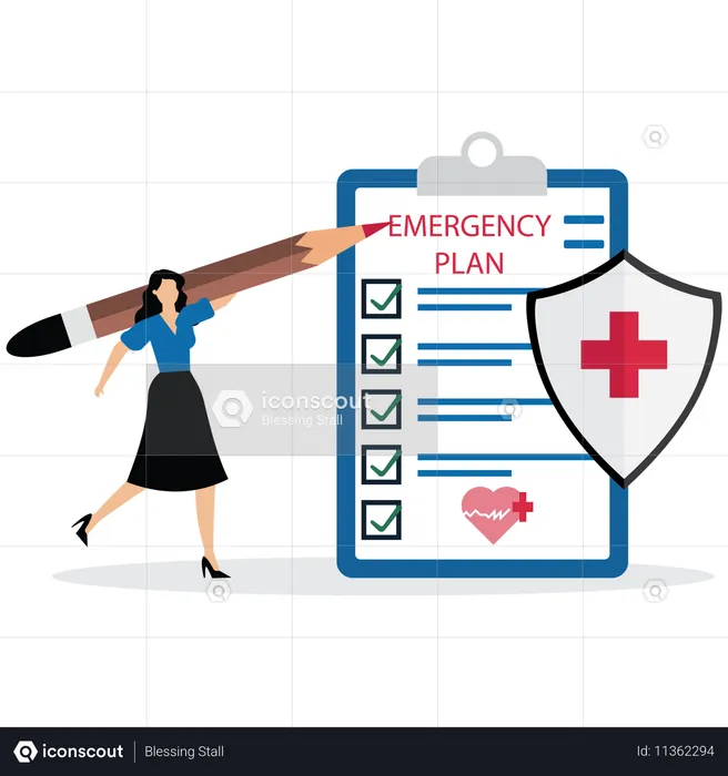 Smart businesswoman holding pencil with paper of emergency plan  Illustration