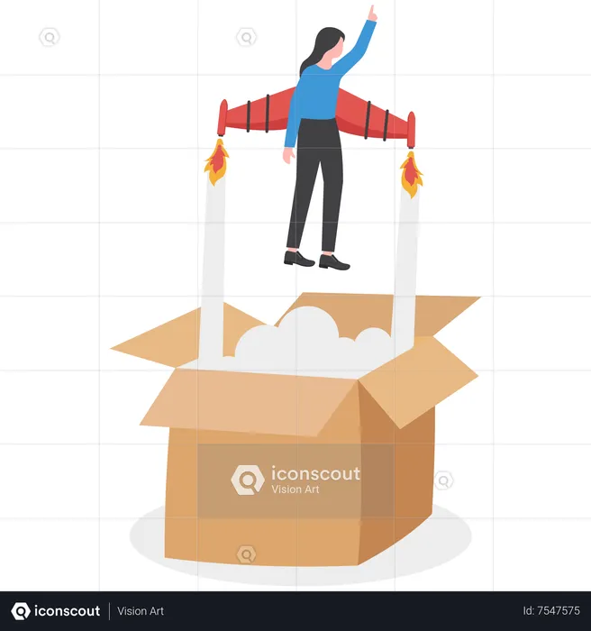 Smart businesswoman with lightbulb idea as rocket booster flying from open box  Illustration